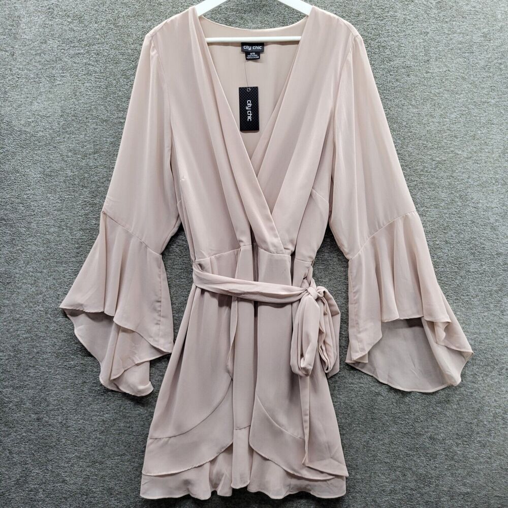 City Chic Dress Women's 18 Vanilla Beige Sweet & Easy Belted Faux Wrap NWT